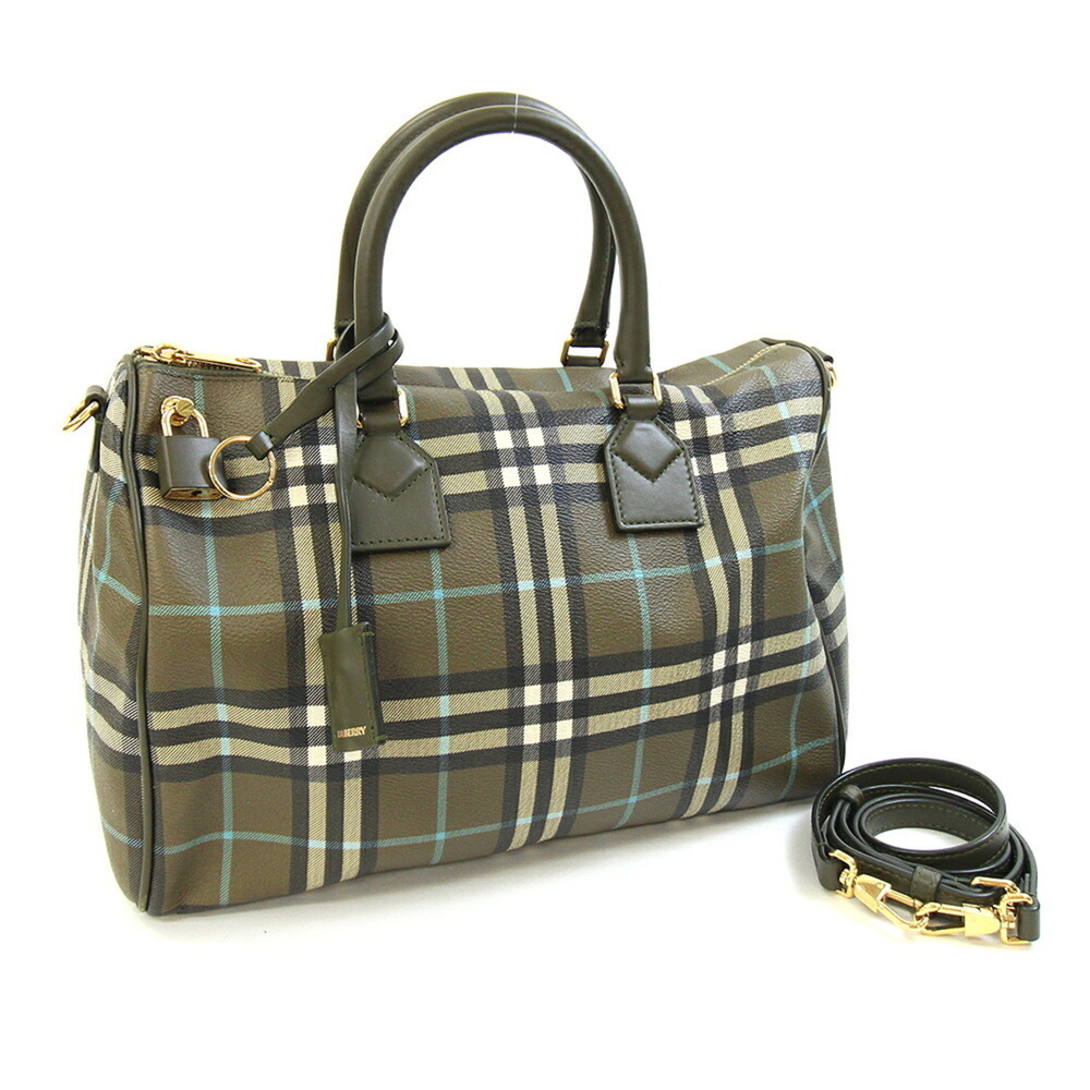 Burberry handbag 8074511 Olive green leather shoulder mini Boston check patte...